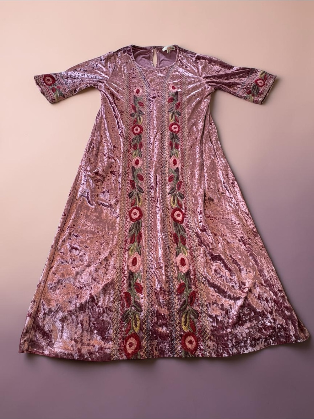 Orange Creek Floral Embroidered Crushed Velvet Dress S Mauve Midi Boho Flapper